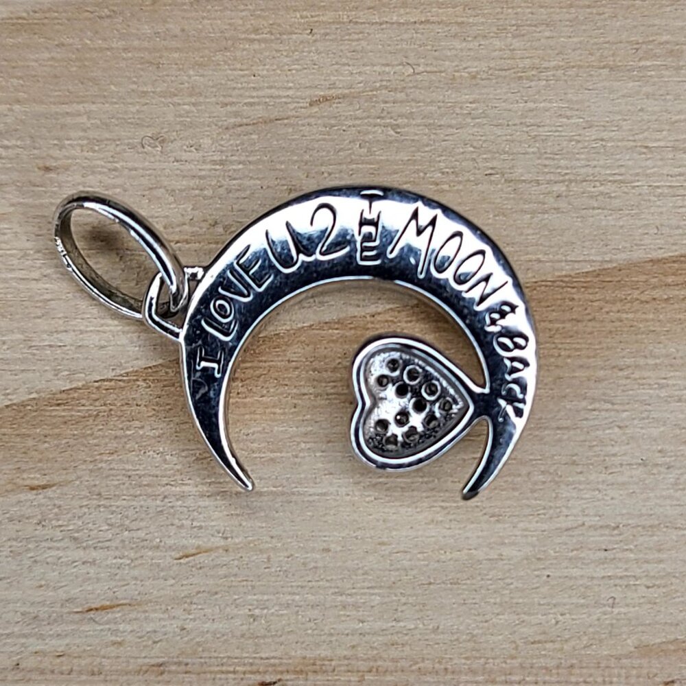 Sterling Silver Moon Heart Pendant Charm "I Love U 2 The Moon & Back" Vtg 1" - Picture 3 of 7